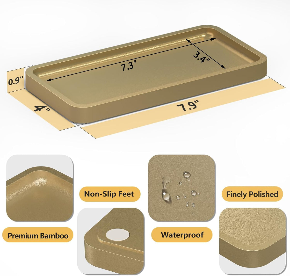 Small Bathroom Vanity Tray for Countertop Makeup Perfume Jewelry Decor Candle Keys, Small Black Kitchen Tray for Soap Dispenser Spice Bamboo Toilet Tray 7.9" L x 4" W x 0.79" H
