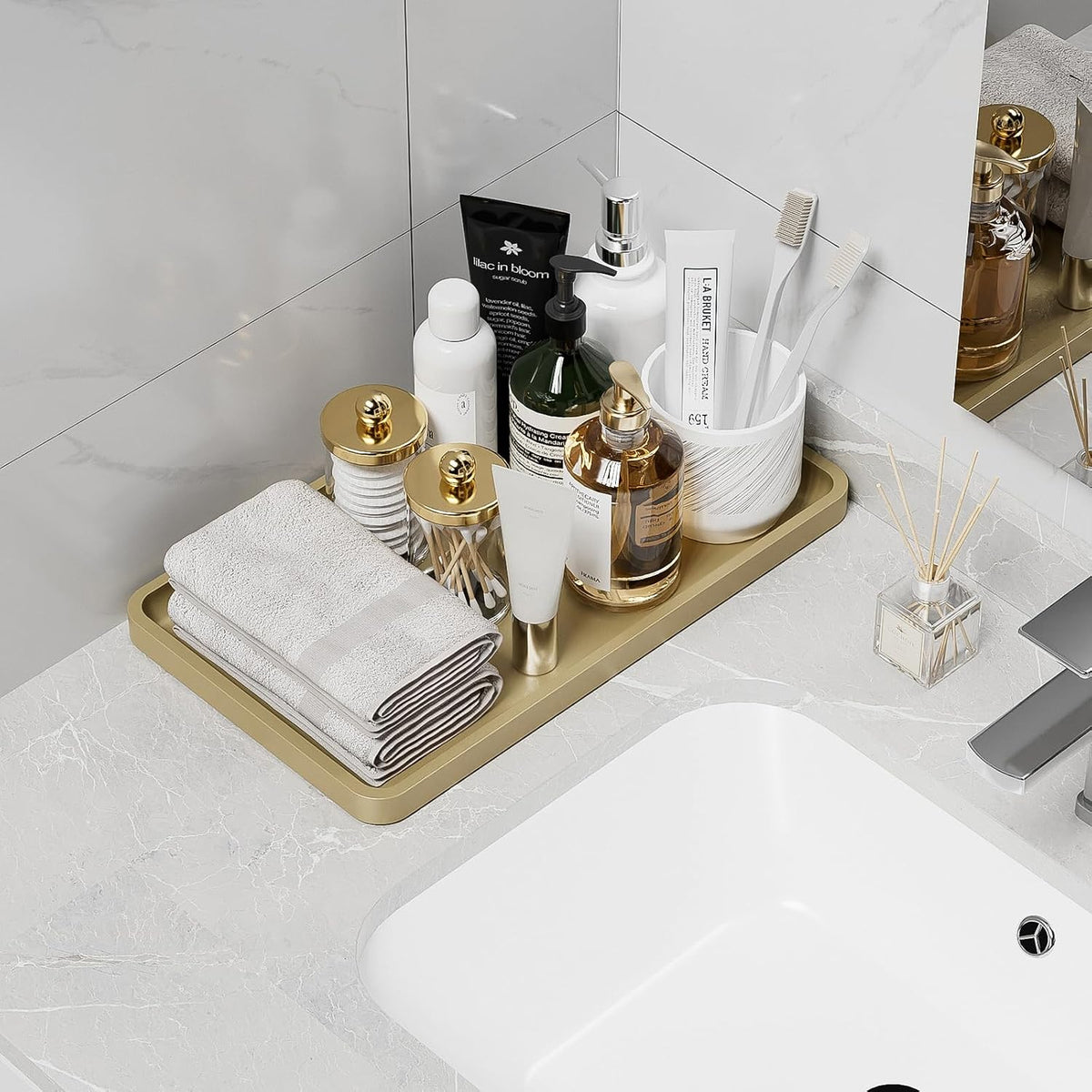 Small Bathroom Vanity Tray for Countertop Makeup Perfume Jewelry Decor Candle Keys, Small Black Kitchen Tray for Soap Dispenser Spice Bamboo Toilet Tray 7.9" L x 4" W x 0.79" H