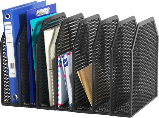 Black 7-Section File Folder Organizer for Desk, Metal Vertical File Holder Stand, Desktop File Organizer Rack for Letter/A4 Folders, Papers, Books, Office Classroom Home