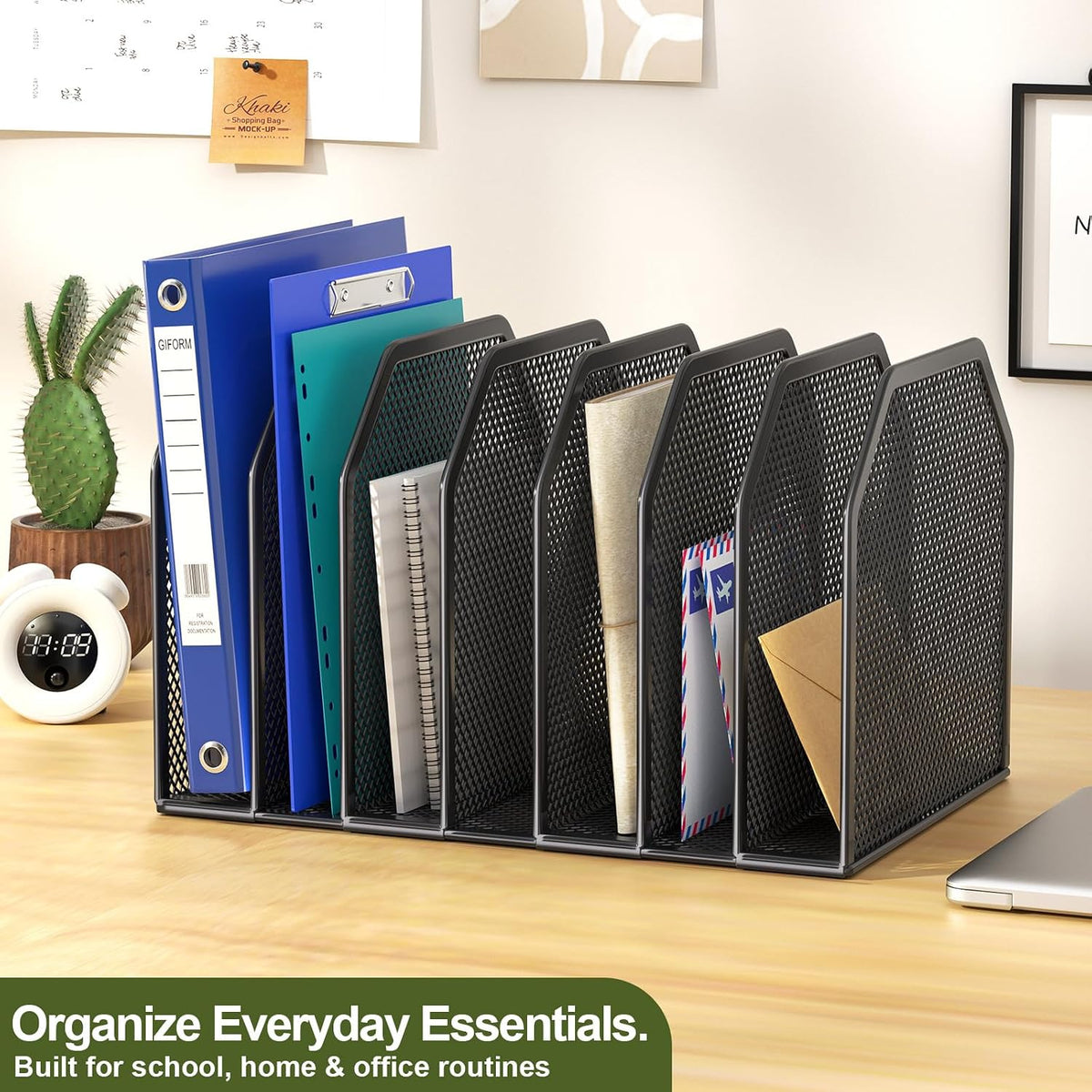 Black 7-Section File Folder Organizer for Desk, Metal Vertical File Holder Stand, Desktop File Organizer Rack for Letter/A4 Folders, Papers, Books, Office Classroom Home