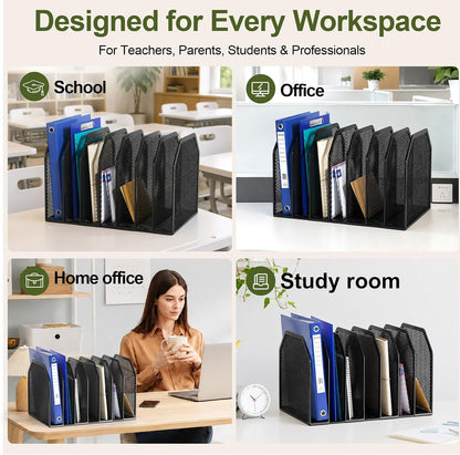 Black 7-Section File Folder Organizer for Desk, Metal Vertical File Holder Stand, Desktop File Organizer Rack for Letter/A4 Folders, Papers, Books, Office Classroom Home
