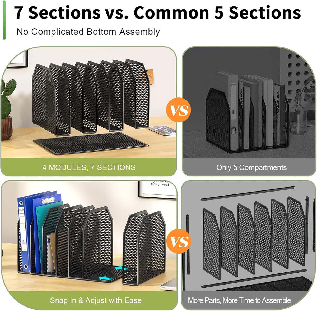 Black 7-Section File Folder Organizer for Desk, Metal Vertical File Holder Stand, Desktop File Organizer Rack for Letter/A4 Folders, Papers, Books, Office Classroom Home
