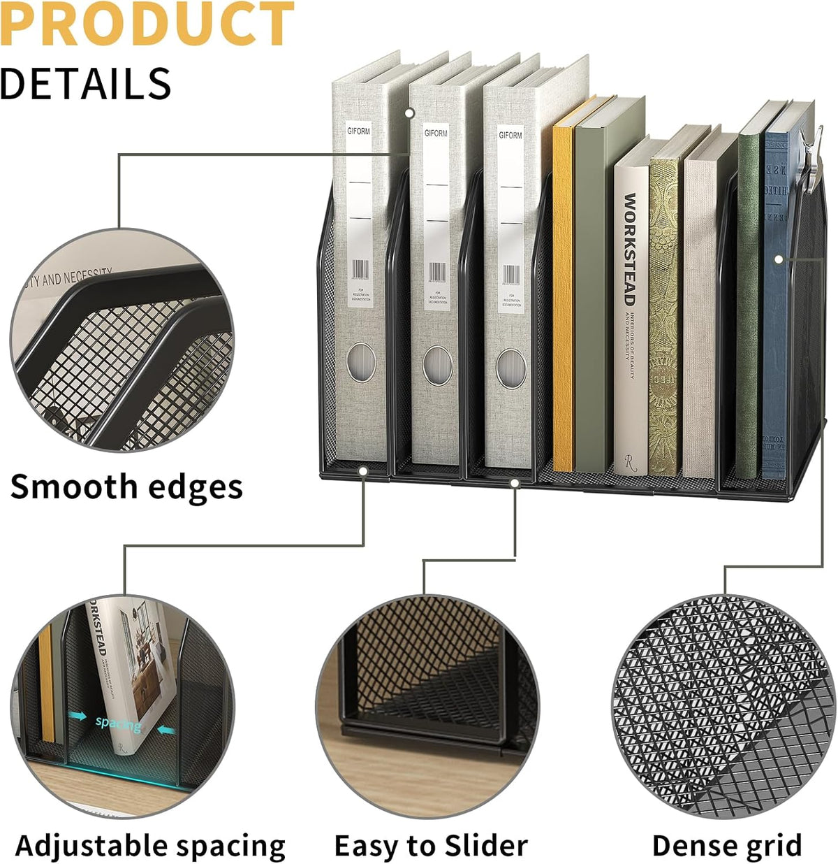 Black 7-Section File Folder Organizer for Desk, Metal Vertical File Holder Stand, Desktop File Organizer Rack for Letter/A4 Folders, Papers, Books, Office Classroom Home