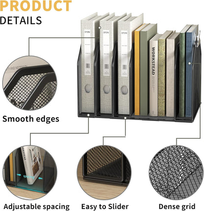Black 7-Section File Folder Organizer for Desk, Metal Vertical File Holder Stand, Desktop File Organizer Rack for Letter/A4 Folders, Papers, Books, Office Classroom Home