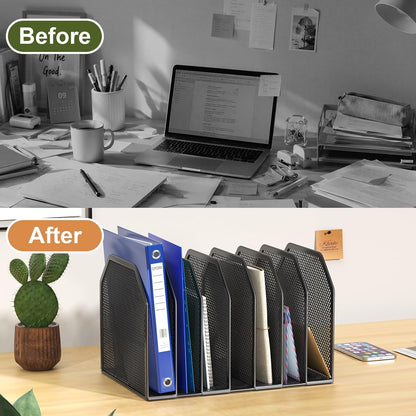 Black 7-Section File Folder Organizer for Desk, Metal Vertical File Holder Stand, Desktop File Organizer Rack for Letter/A4 Folders, Papers, Books, Office Classroom Home