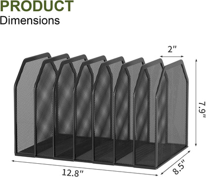 Black 7-Section File Folder Organizer for Desk, Metal Vertical File Holder Stand, Desktop File Organizer Rack for Letter/A4 Folders, Papers, Books, Office Classroom Home