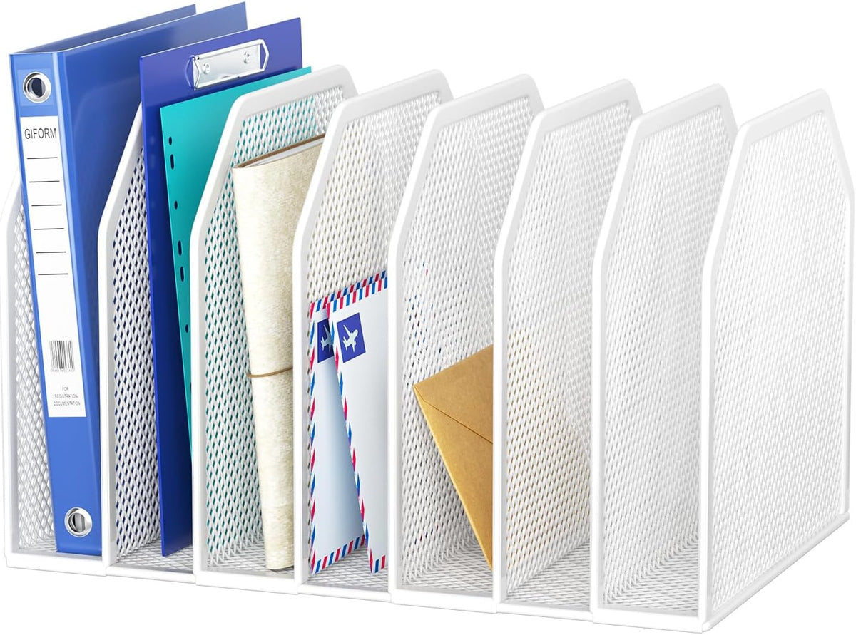 Black 7-Section File Folder Organizer for Desk, Metal Vertical File Holder Stand, Desktop File Organizer Rack for Letter/A4 Folders, Papers, Books, Office Classroom Home