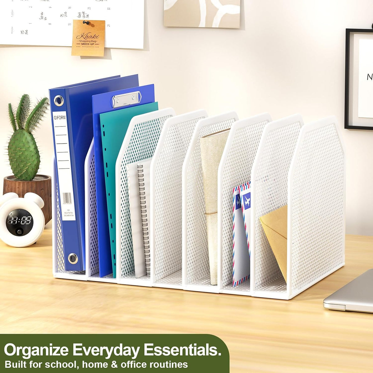 Black 7-Section File Folder Organizer for Desk, Metal Vertical File Holder Stand, Desktop File Organizer Rack for Letter/A4 Folders, Papers, Books, Office Classroom Home