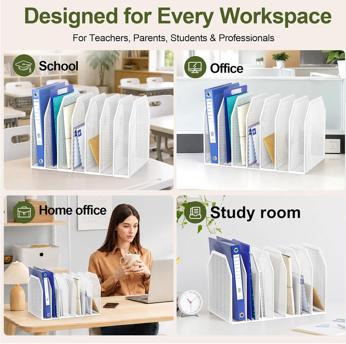Black 7-Section File Folder Organizer for Desk, Metal Vertical File Holder Stand, Desktop File Organizer Rack for Letter/A4 Folders, Papers, Books, Office Classroom Home