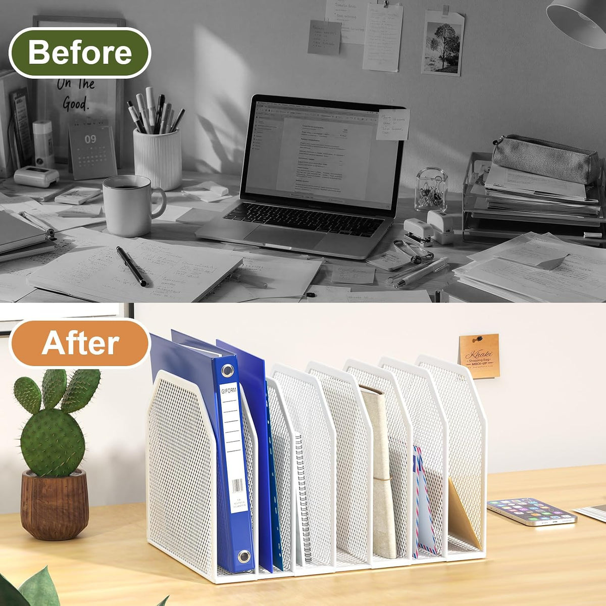Black 7-Section File Folder Organizer for Desk, Metal Vertical File Holder Stand, Desktop File Organizer Rack for Letter/A4 Folders, Papers, Books, Office Classroom Home