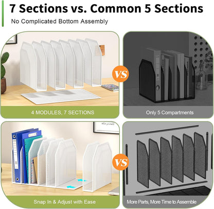 Black 7-Section File Folder Organizer for Desk, Metal Vertical File Holder Stand, Desktop File Organizer Rack for Letter/A4 Folders, Papers, Books, Office Classroom Home