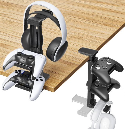 Headphone Stand & Under Desk Controller Holder with Adjustable Clamp, Controller Stand & Headset hanger for Desk Mount with 360° Rotating Hook & Cable Organizer 3-in-1 Game Organizer, Headphone Cases
