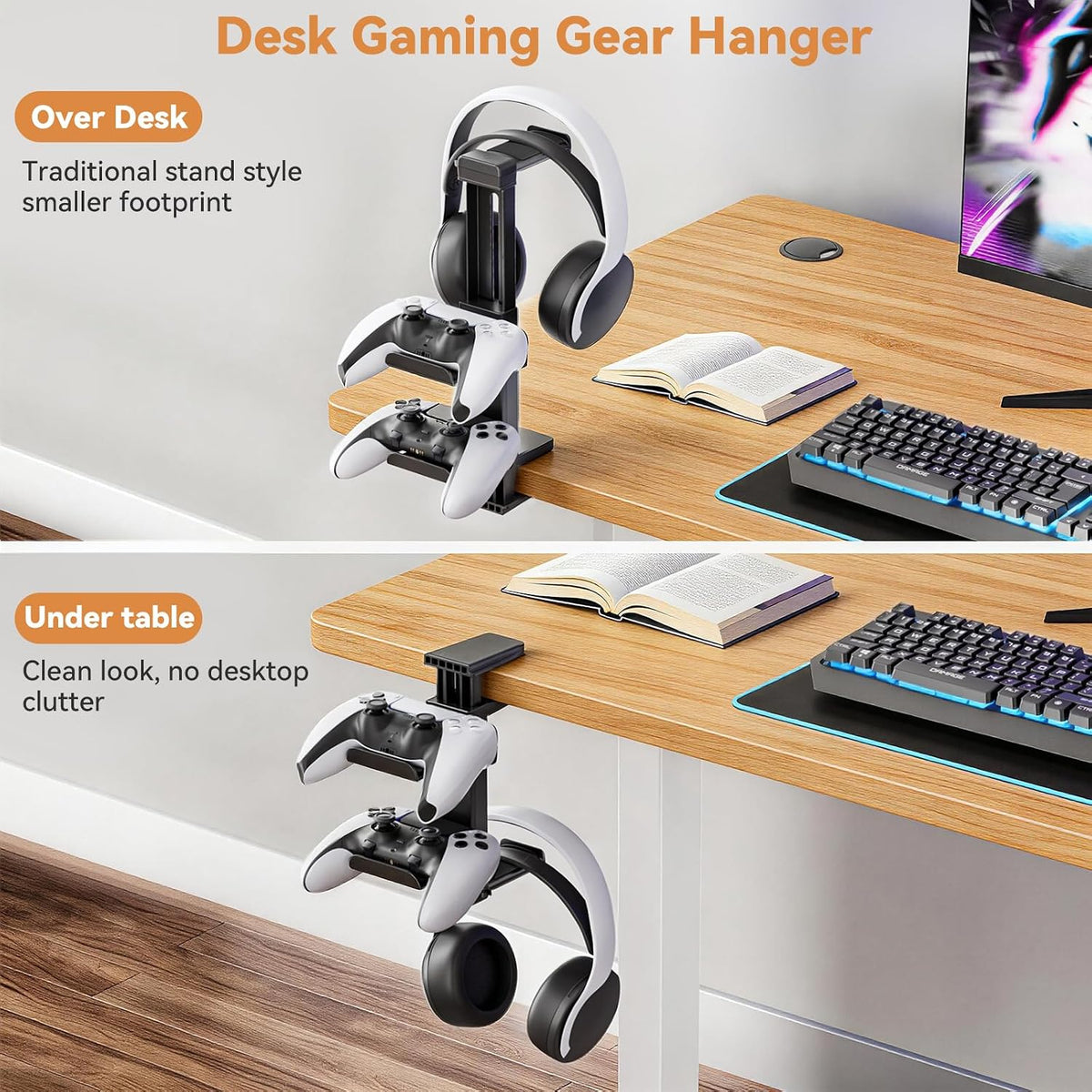 Headphone Stand & Under Desk Controller Holder with Adjustable Clamp, Controller Stand & Headset hanger for Desk Mount with 360° Rotating Hook & Cable Organizer 3-in-1 Game Organizer, Headphone Cases