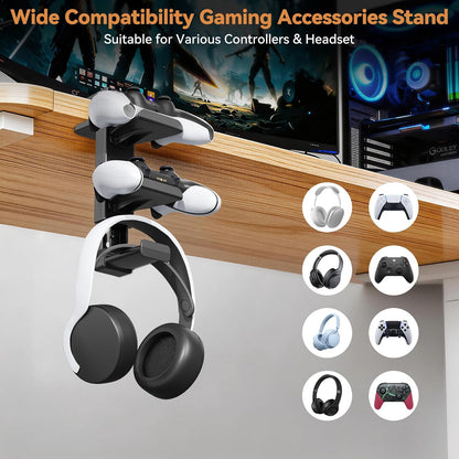 Headphone Stand & Under Desk Controller Holder with Adjustable Clamp, Controller Stand & Headset hanger for Desk Mount with 360° Rotating Hook & Cable Organizer 3-in-1 Game Organizer, Headphone Cases