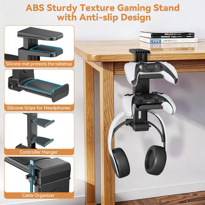 Headphone Stand & Under Desk Controller Holder with Adjustable Clamp, Controller Stand & Headset hanger for Desk Mount with 360° Rotating Hook & Cable Organizer 3-in-1 Game Organizer, Headphone Cases