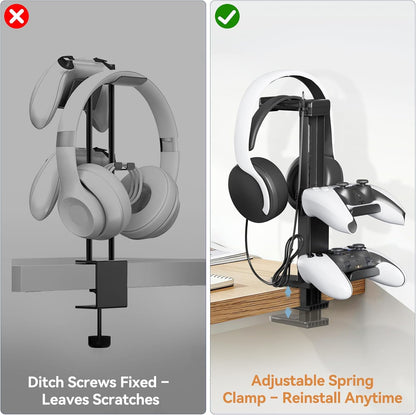 Headphone Stand & Under Desk Controller Holder with Adjustable Clamp, Controller Stand & Headset hanger for Desk Mount with 360° Rotating Hook & Cable Organizer 3-in-1 Game Organizer, Headphone Cases