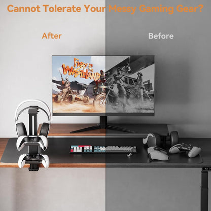 Headphone Stand & Under Desk Controller Holder with Adjustable Clamp, Controller Stand & Headset hanger for Desk Mount with 360° Rotating Hook & Cable Organizer 3-in-1 Game Organizer, Headphone Cases