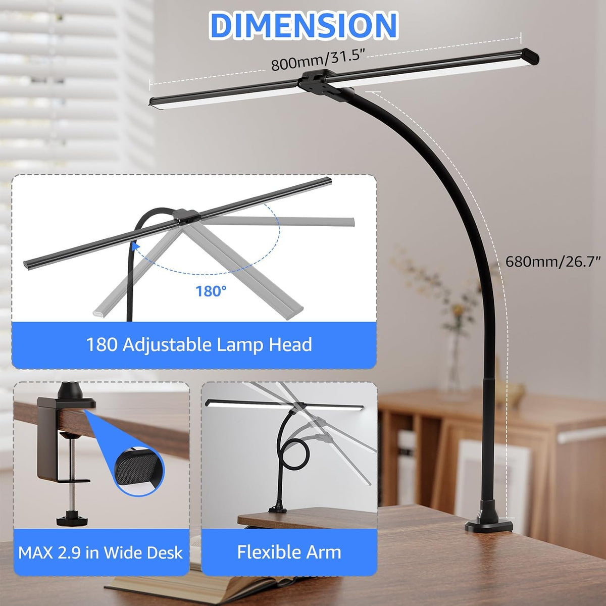 LED Desk Lamp for Home Office, Ultra Bright Clamp Light with Flexible Gooseneck, 25 Lighting Modes, Eye-Caring Architect Lamp for Dual Monitors, Reading & Gaming Setup