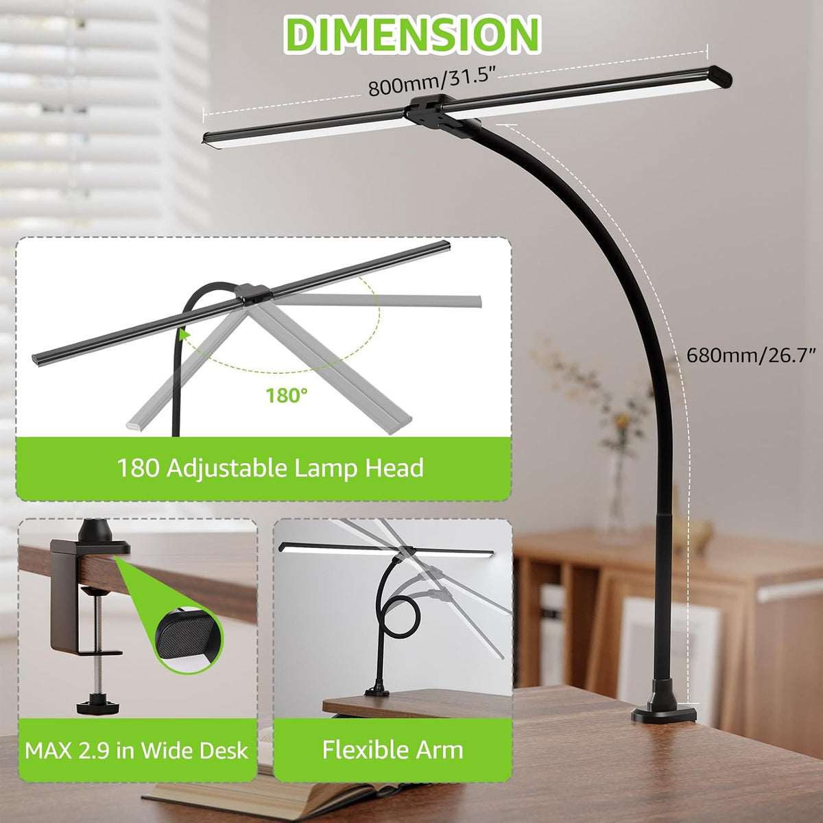 LED Desk Lamp for Home Office, Ultra Bright Clamp Light with Flexible Gooseneck, 25 Lighting Modes, Eye-Caring Architect Lamp for Dual Monitors, Reading & Gaming Setup