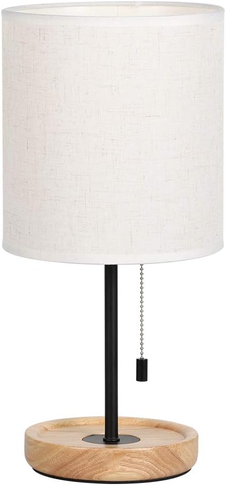 Bedside Table Lamp - Modern Nightstand Lamp with Linen Fabric Shade Wooden Desk Lamps for Bedrooms, Office, College Dorm, Dinning Room, Girls Room - 16 Inches (HT-AD005)