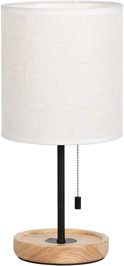 Bedside Table Lamp - Modern Nightstand Lamp with Linen Fabric Shade Wooden Desk Lamps for Bedrooms, Office, College Dorm, Dinning Room, Girls Room - 16 Inches (HT-AD005)