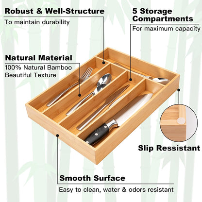 Silverware Organizer Kitchen Drawer Organizer Utensil Organizer Bamboo Silverware Holder Cutlery Organizer in Drawer Flatware Organizer Tray(5 slots, Natural