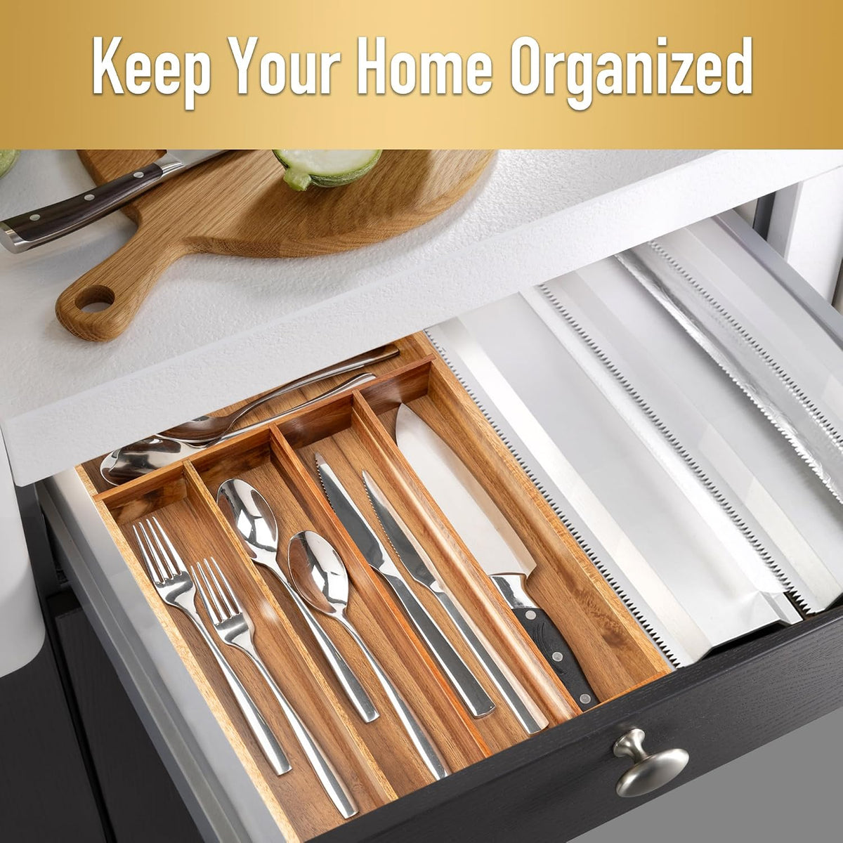 Silverware Organizer Kitchen Drawer Organizer Utensil Organizer Bamboo Silverware Holder Cutlery Organizer in Drawer Flatware Organizer Tray(5 slots, Natural