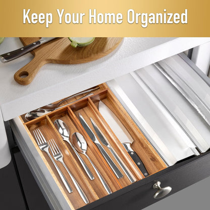 Silverware Organizer Kitchen Drawer Organizer Utensil Organizer Bamboo Silverware Holder Cutlery Organizer in Drawer Flatware Organizer Tray(5 slots, Natural