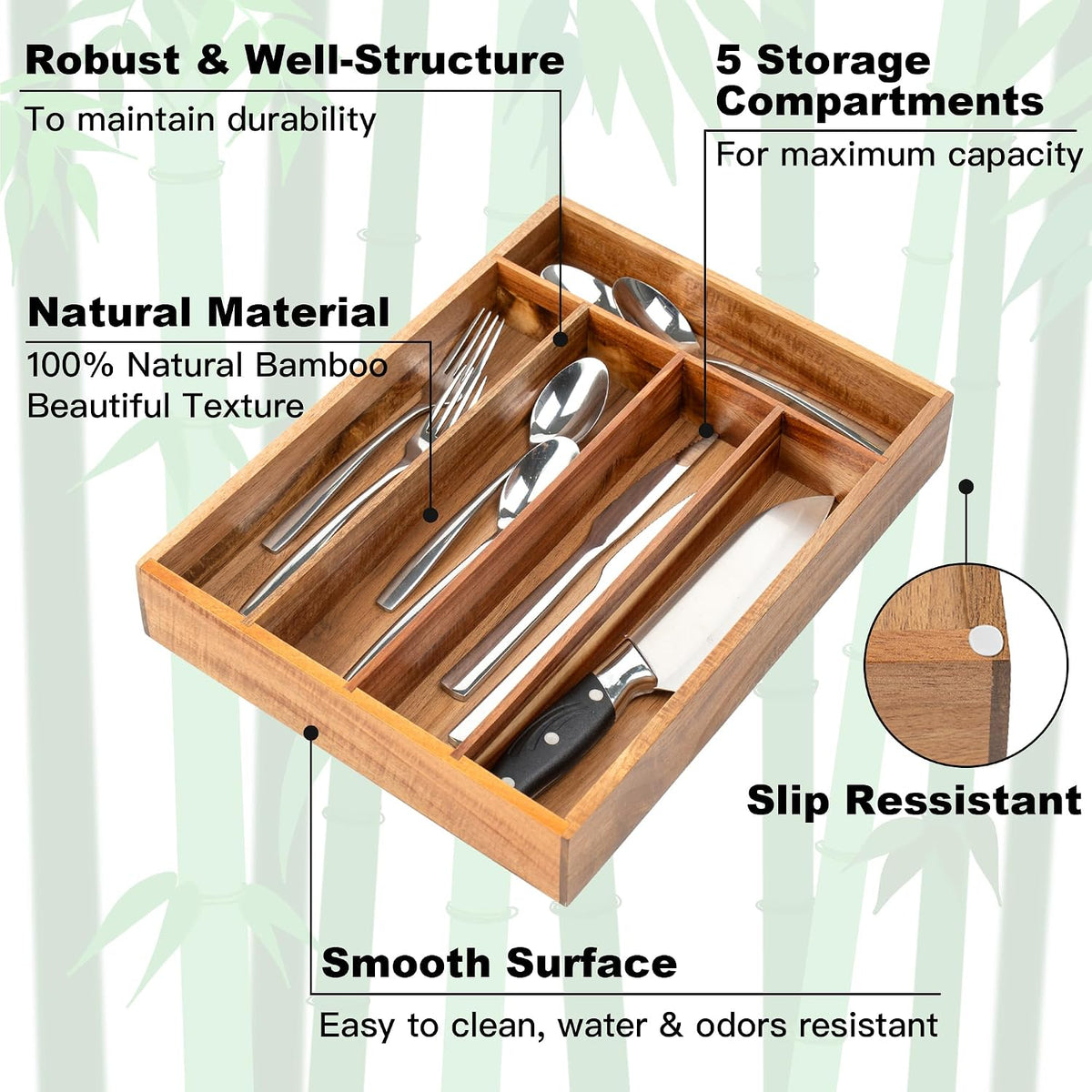 Silverware Organizer Kitchen Drawer Organizer Utensil Organizer Bamboo Silverware Holder Cutlery Organizer in Drawer Flatware Organizer Tray(5 slots, Natural