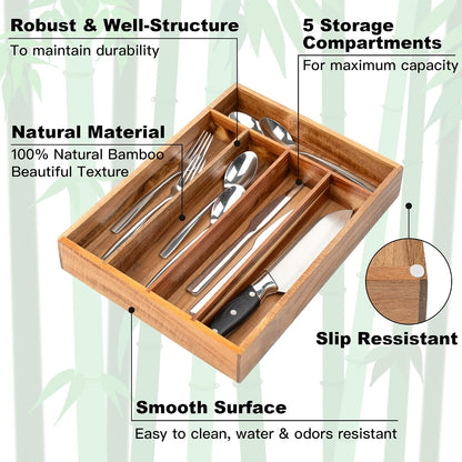 Silverware Organizer Kitchen Drawer Organizer Utensil Organizer Bamboo Silverware Holder Cutlery Organizer in Drawer Flatware Organizer Tray(5 slots, Natural
