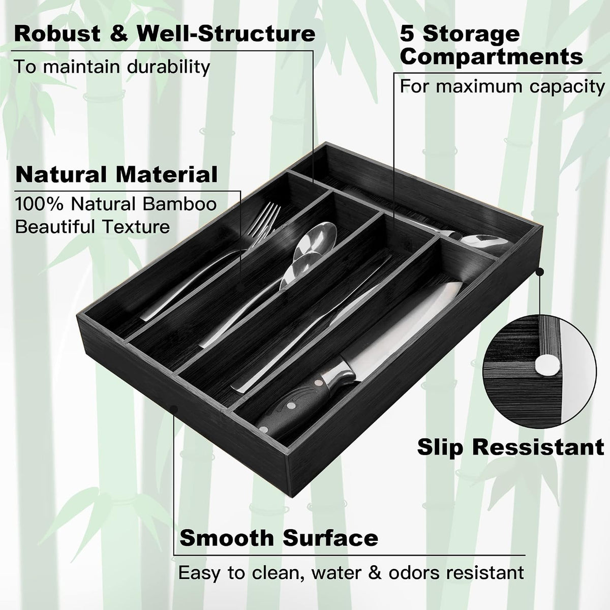 Silverware Organizer Kitchen Drawer Organizer Utensil Organizer Bamboo Silverware Holder Cutlery Organizer in Drawer Flatware Organizer Tray(5 slots, Natural