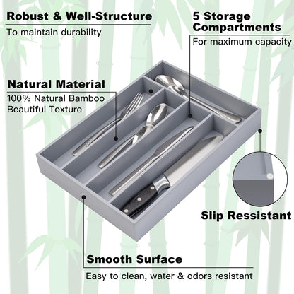 Silverware Organizer Kitchen Drawer Organizer Utensil Organizer Bamboo Silverware Holder Cutlery Organizer in Drawer Flatware Organizer Tray(5 slots, Natural