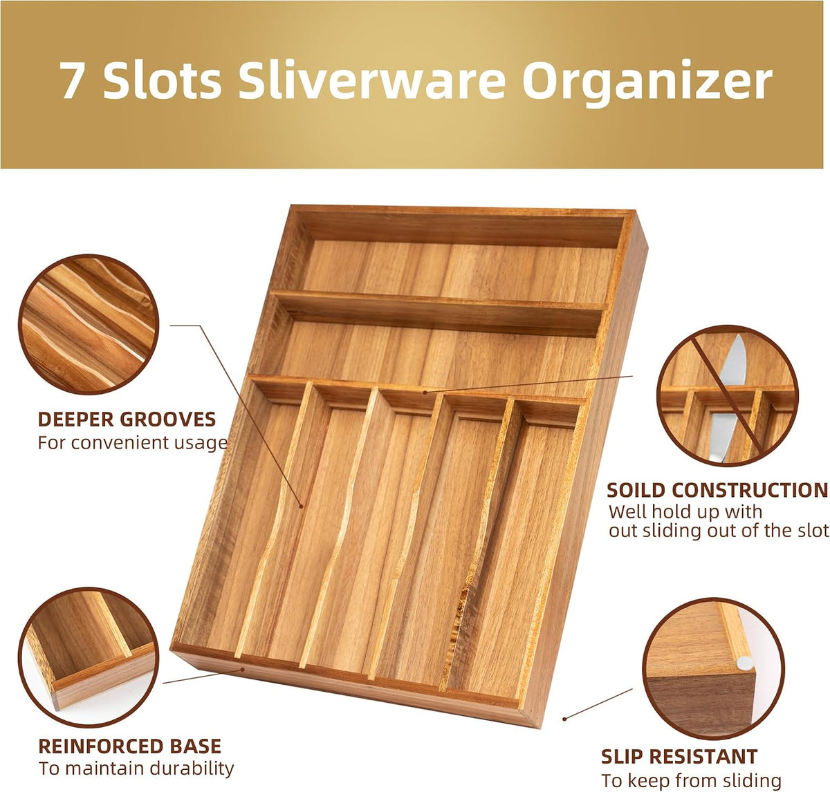 Silverware Organizer Kitchen Drawer Organizer Utensil Organizer Bamboo Silverware Holder Cutlery Organizer in Drawer Flatware Organizer Tray(5 slots, Natural