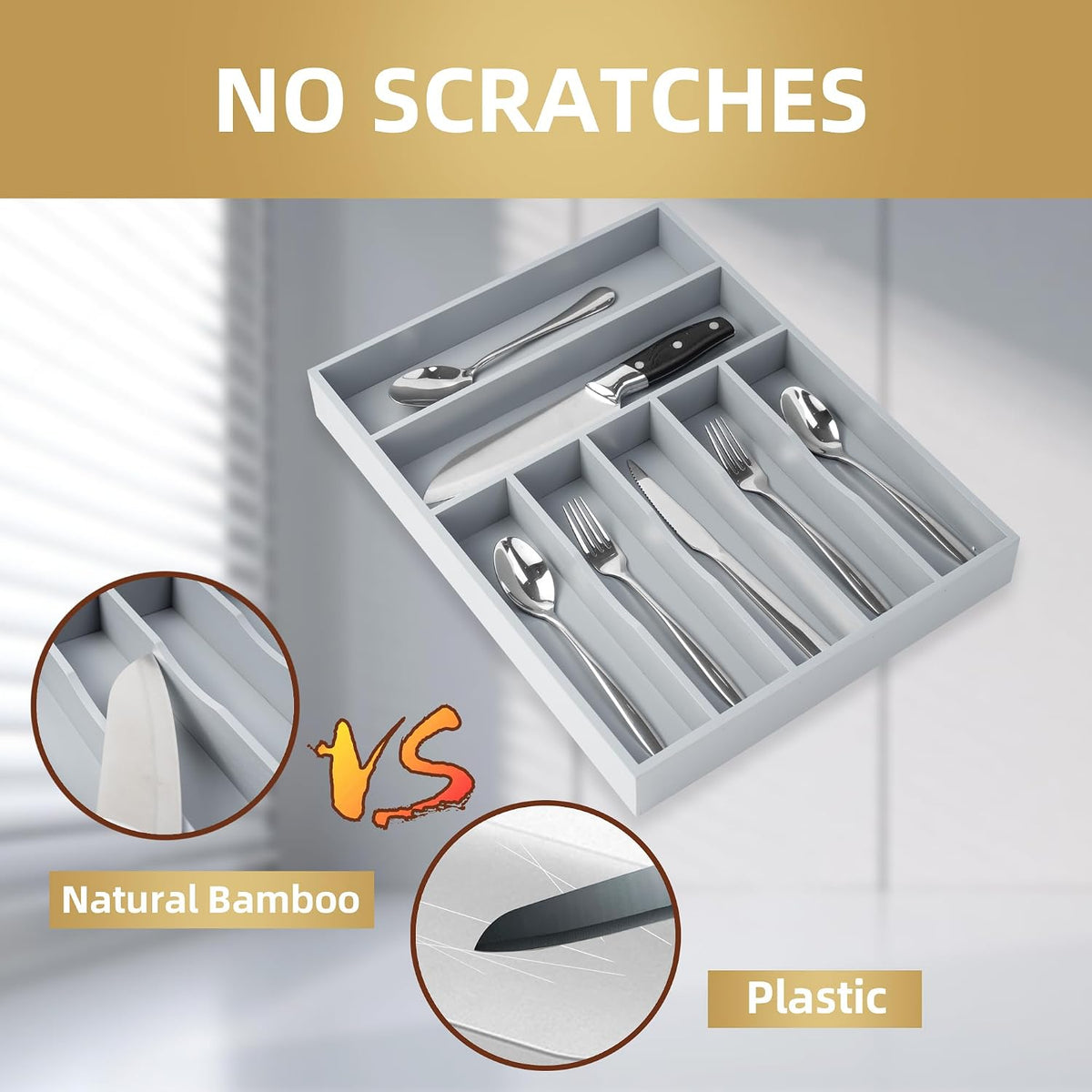 Silverware Organizer Kitchen Drawer Organizer Utensil Organizer Bamboo Silverware Holder Cutlery Organizer in Drawer Flatware Organizer Tray(5 slots, Natural