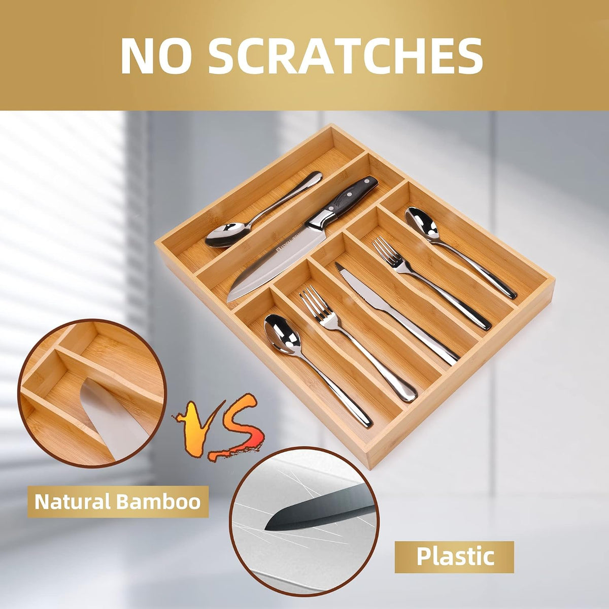 Silverware Organizer Kitchen Drawer Organizer Utensil Organizer Bamboo Silverware Holder Cutlery Organizer in Drawer Flatware Organizer Tray(5 slots, Natural