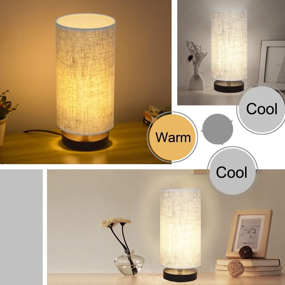 Table Lamp, Bedside Nightstand Lamp, Simple Desk Lamp, Fabric Wooden Table Lamp for Bedroom Living Room Office Study, Cylinder Black Base