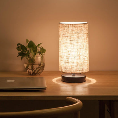 Table Lamp, Bedside Nightstand Lamp, Simple Desk Lamp, Fabric Wooden Table Lamp for Bedroom Living Room Office Study, Cylinder Black Base