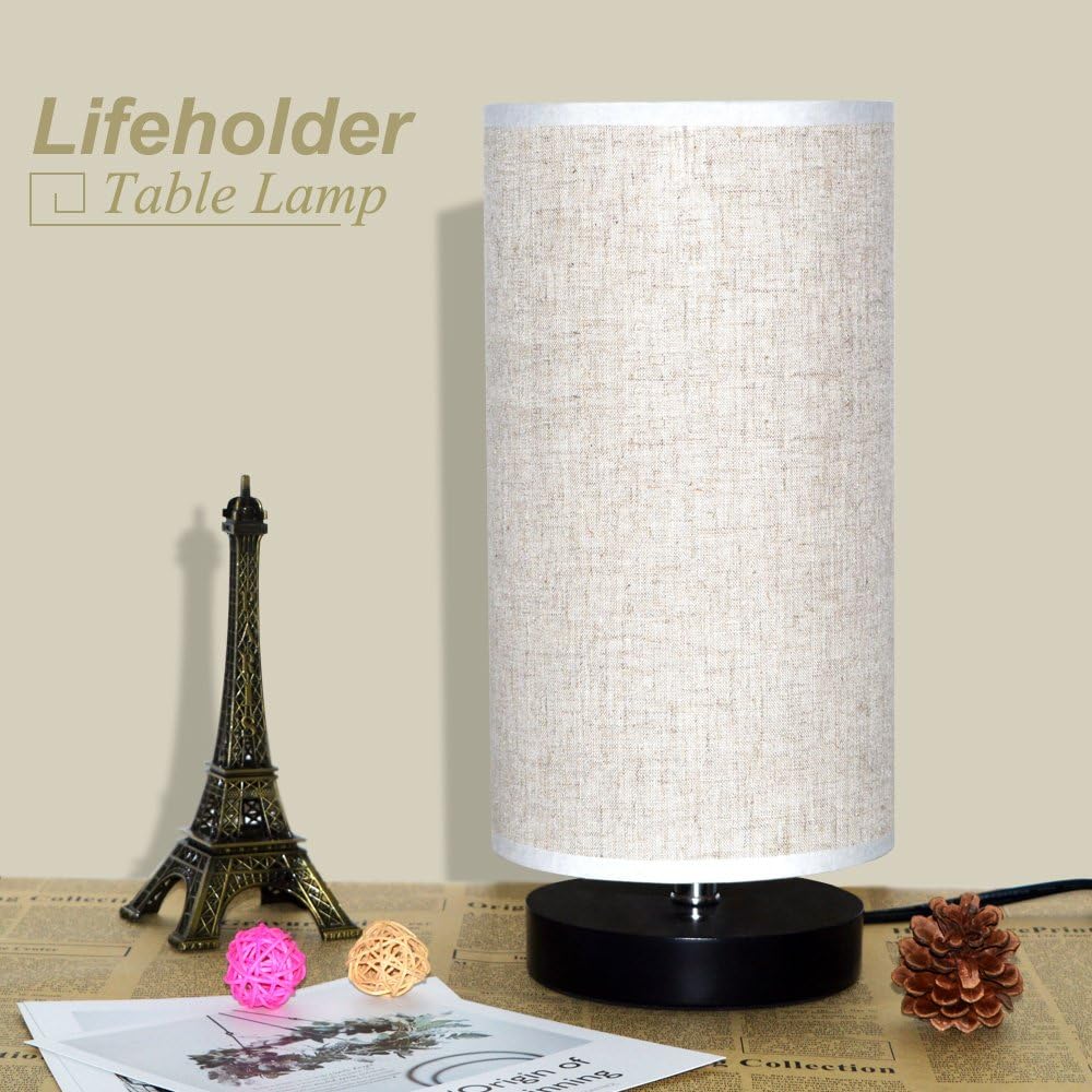 Table Lamp, Bedside Nightstand Lamp, Simple Desk Lamp, Fabric Wooden Table Lamp for Bedroom Living Room Office Study, Cylinder Black Base
