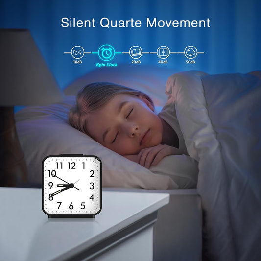Analog Alarm Clocks, Non Ticking Table Clock with Luminous Hand & Large Display, Battery Powered Silent Bedside Alarm Clock with Snooze & Night Light Function, for Bedroom, Office