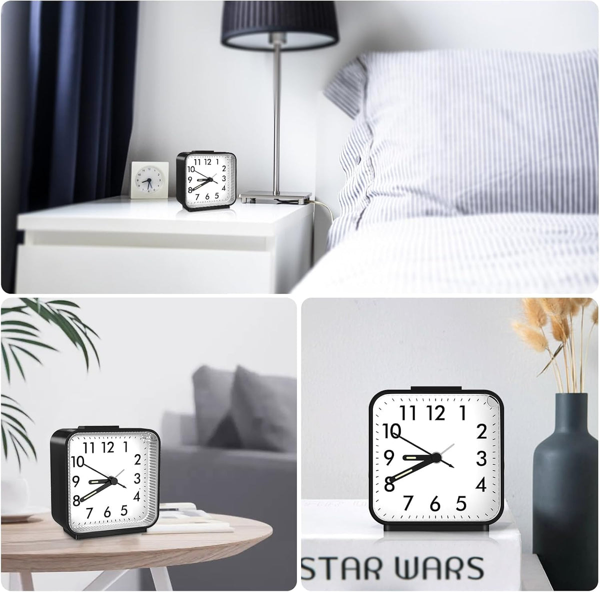 Analog Alarm Clocks, Non Ticking Table Clock with Luminous Hand & Large Display, Battery Powered Silent Bedside Alarm Clock with Snooze & Night Light Function, for Bedroom, Office