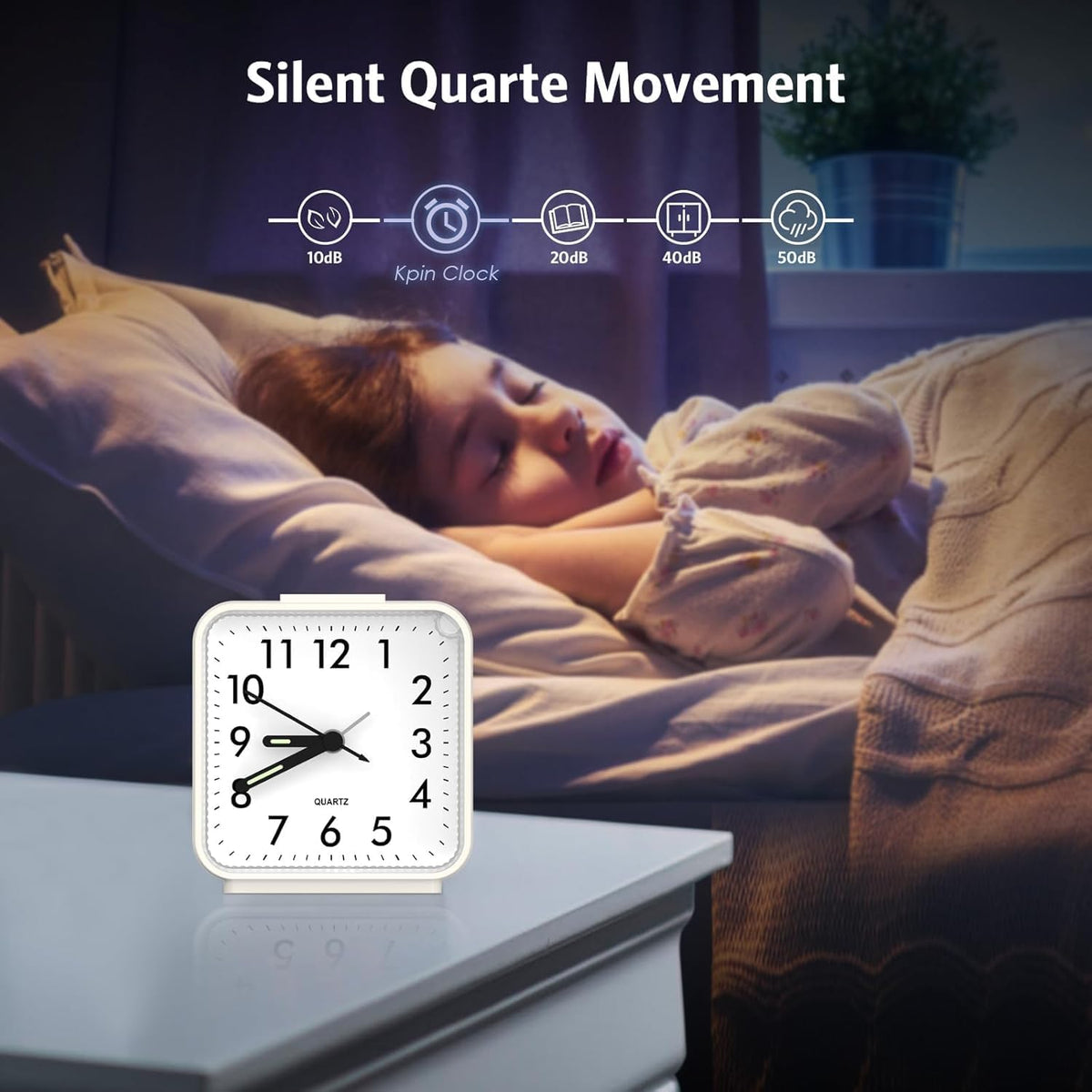 Analog Alarm Clocks, Non Ticking Table Clock with Luminous Hand & Large Display, Battery Powered Silent Bedside Alarm Clock with Snooze & Night Light Function, for Bedroom, Office