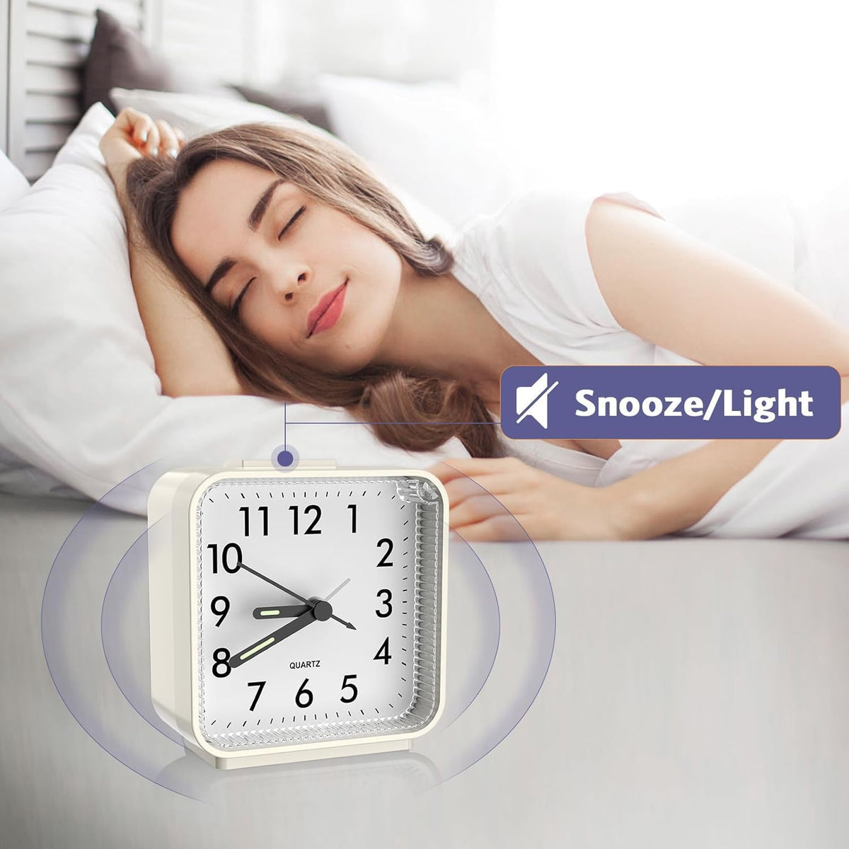 Analog Alarm Clocks, Non Ticking Table Clock with Luminous Hand & Large Display, Battery Powered Silent Bedside Alarm Clock with Snooze & Night Light Function, for Bedroom, Office