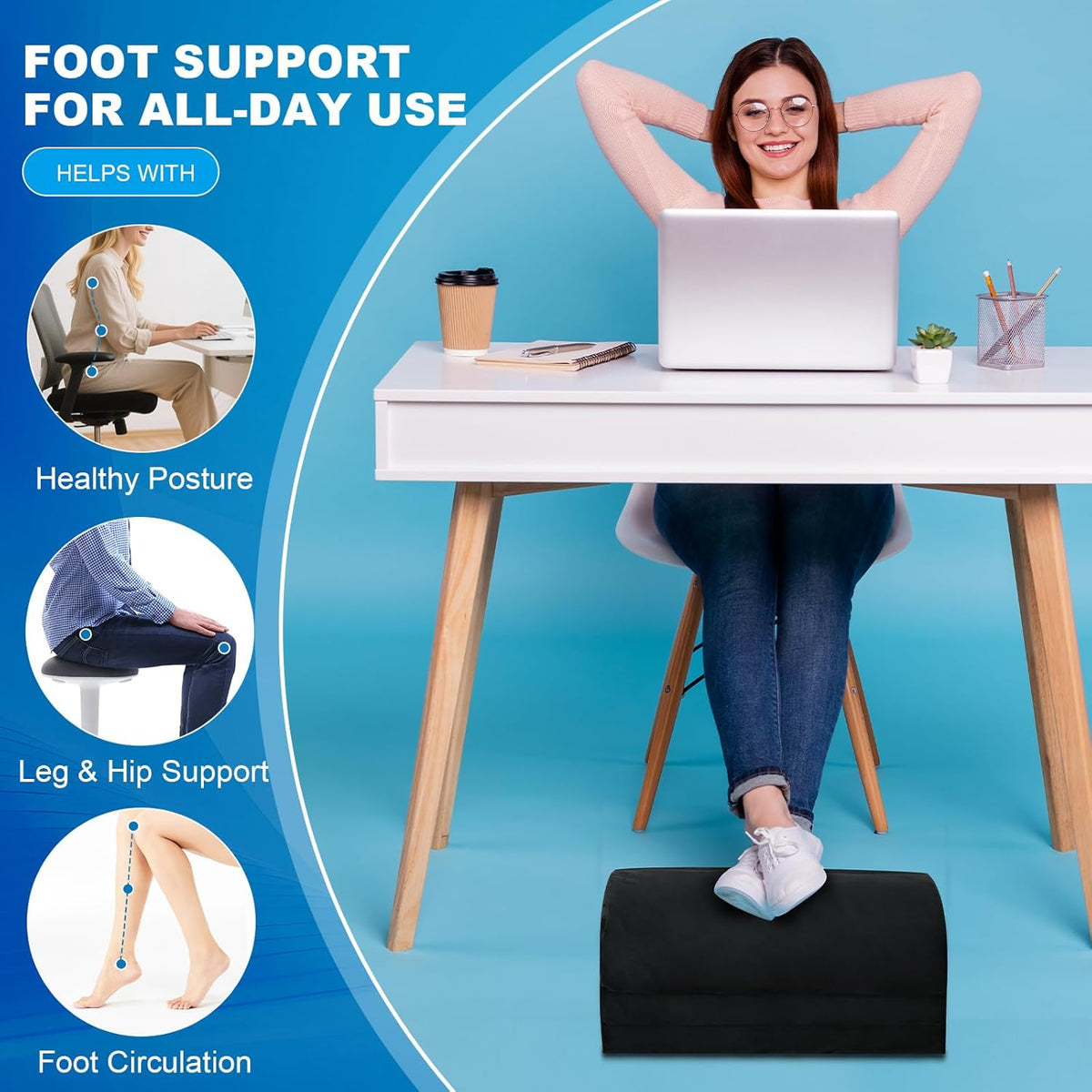 Foot Rest for Under Desk at Work, Foot Stool with Washable Cover, Comfortable Office Desk Accessories, Comfortable Footrest with 3 Adjustable Heights, for Offices Gaming Chair, for Leg Support