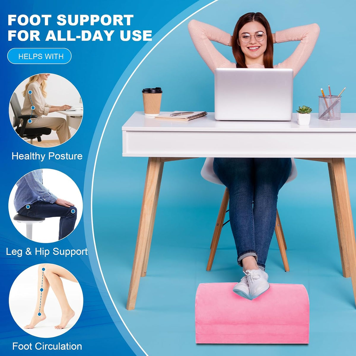 Foot Rest for Under Desk at Work, Foot Stool with Washable Cover, Comfortable Office Desk Accessories, Comfortable Footrest with 3 Adjustable Heights, for Offices Gaming Chair, for Leg Support