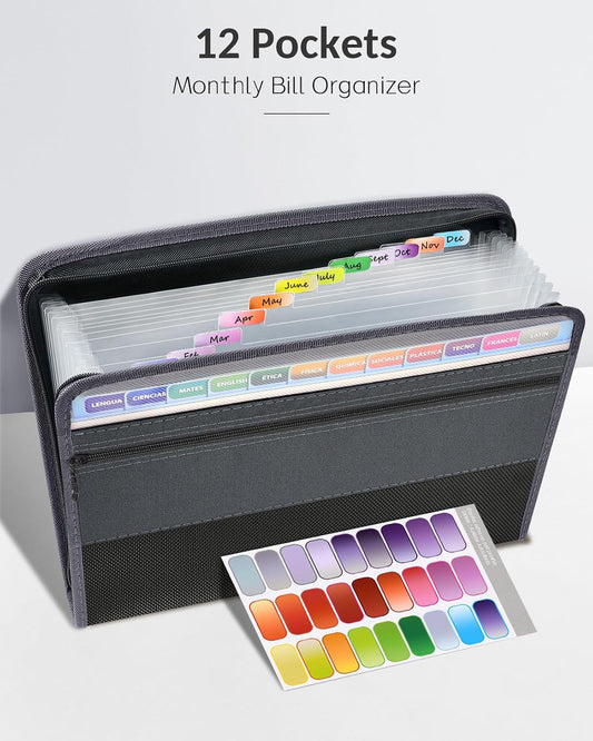 Accordion File Organizer with Zipper, 12 Pocket Expanding File Folder
