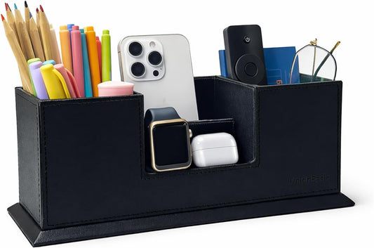 Desk Organizer, Desktop Caddy Leather Multi-compartment Pen Holder Office Stationer Organizer, Black