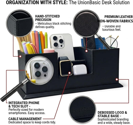 Desk Organizer, Desktop Caddy Leather Multi-compartment Pen Holder Office Stationer Organizer, Black