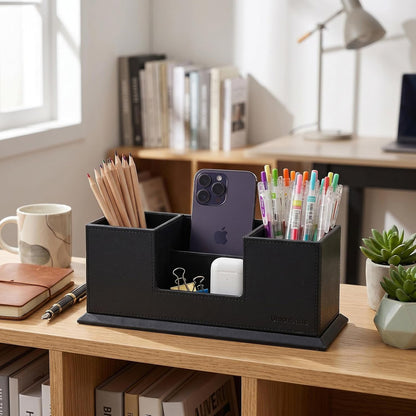 Desk Organizer, Desktop Caddy Leather Multi-compartment Pen Holder Office Stationer Organizer, Black