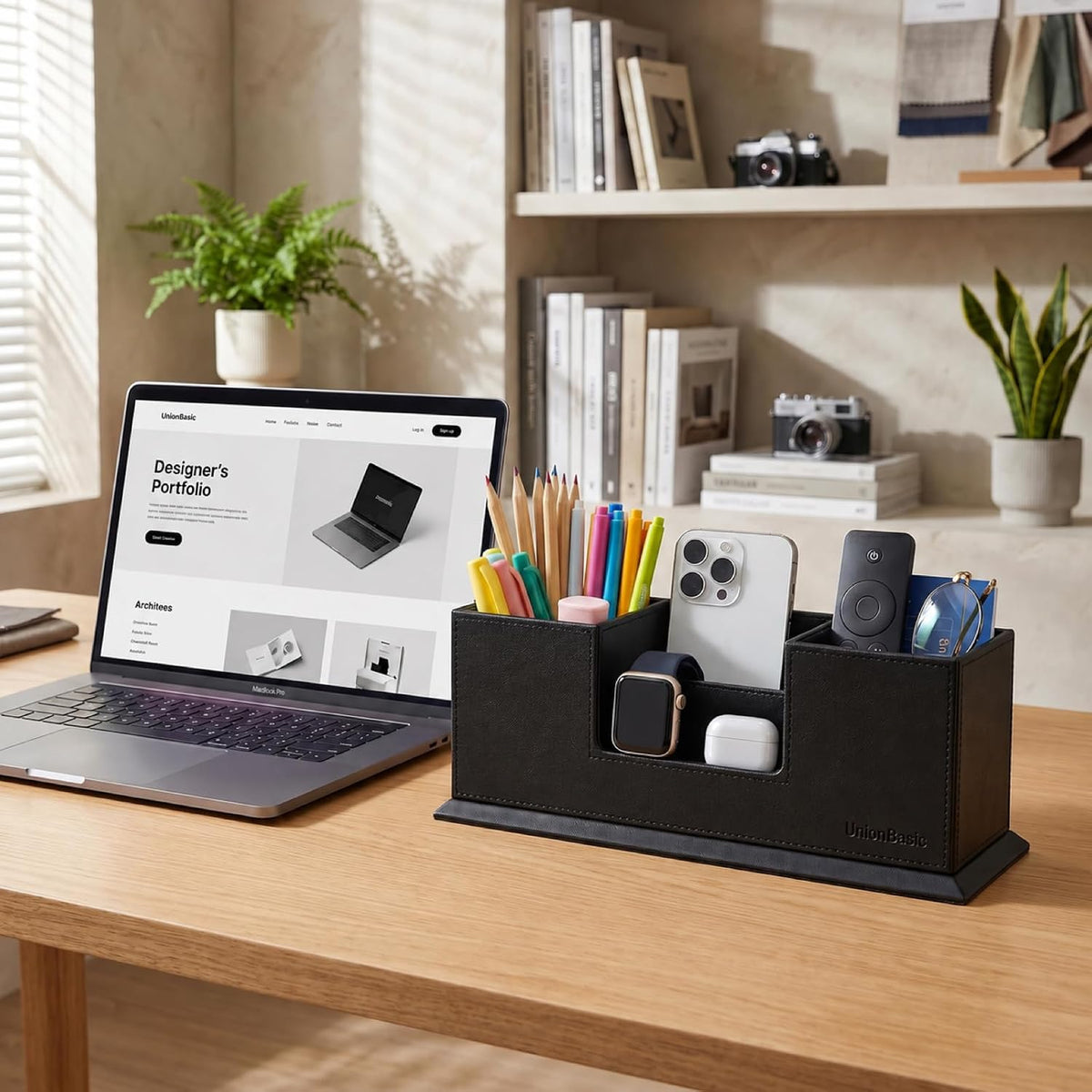 Desk Organizer, Desktop Caddy Leather Multi-compartment Pen Holder Office Stationer Organizer, Black