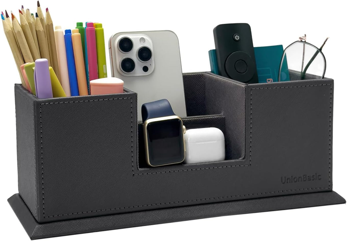 Desk Organizer, Desktop Caddy Leather Multi-compartment Pen Holder Office Stationer Organizer, Black